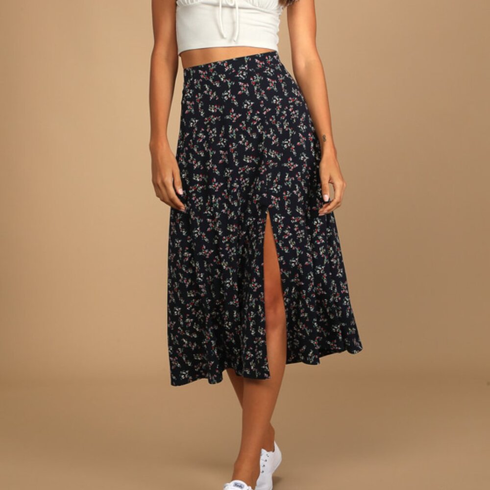 Lulus Bliss Me Navy Blue Floral Print Midi Skirt - Size S